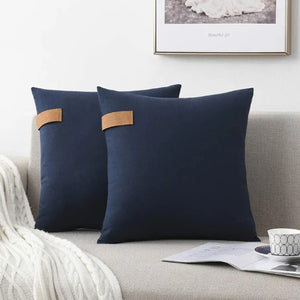 Cushion Covers Solid Color Pillow Case With Faux Leather Strap 100% Cotton - Set of 4