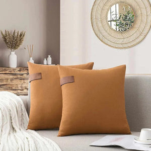 Cushion Covers Solid Color Pillow Case With Faux Leather Strap 100% Cotton - Set of 4