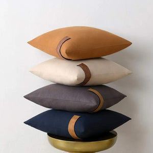 Cushion Covers Solid Color Pillow Case With Faux Leather Strap 100% Cotton - Set of 4