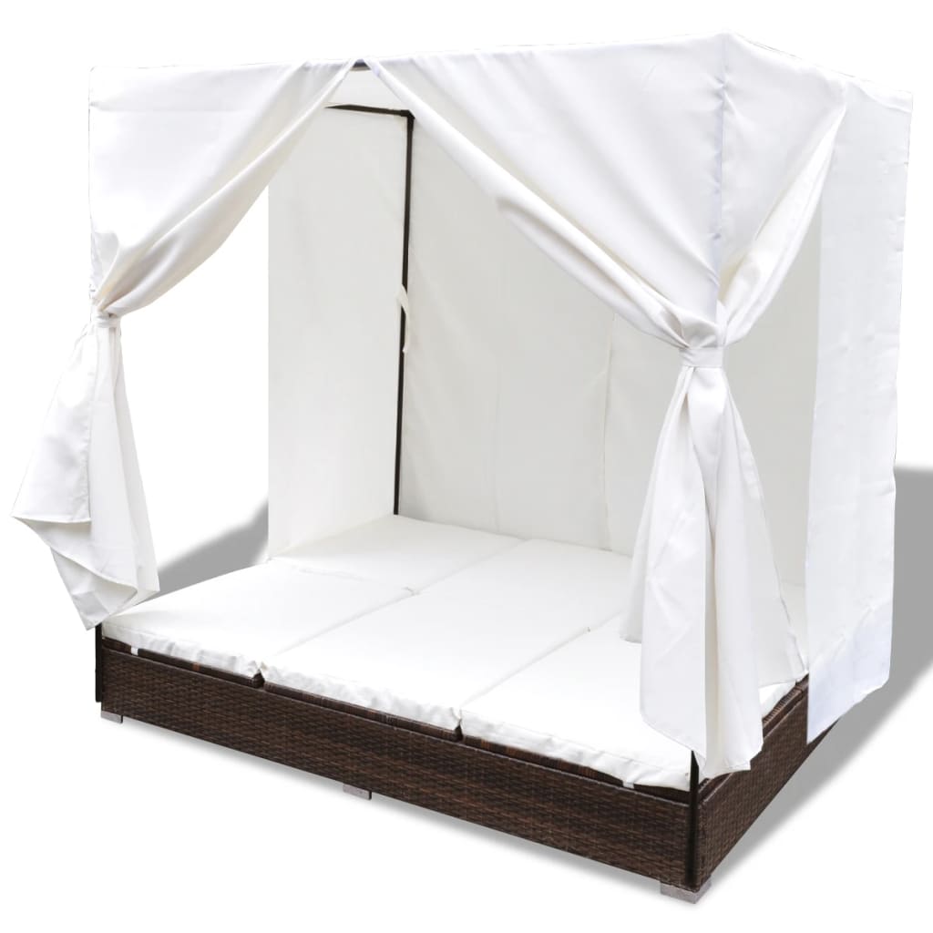 Galleria Design Outdoor Lounge Bed with Curtains Poly Rattan Brown