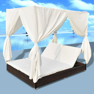 Galleria Design Outdoor Lounge Bed with Curtains Poly Rattan Brown