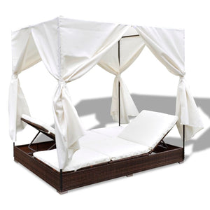 Galleria Design Outdoor Lounge Bed with Curtains Poly Rattan Brown