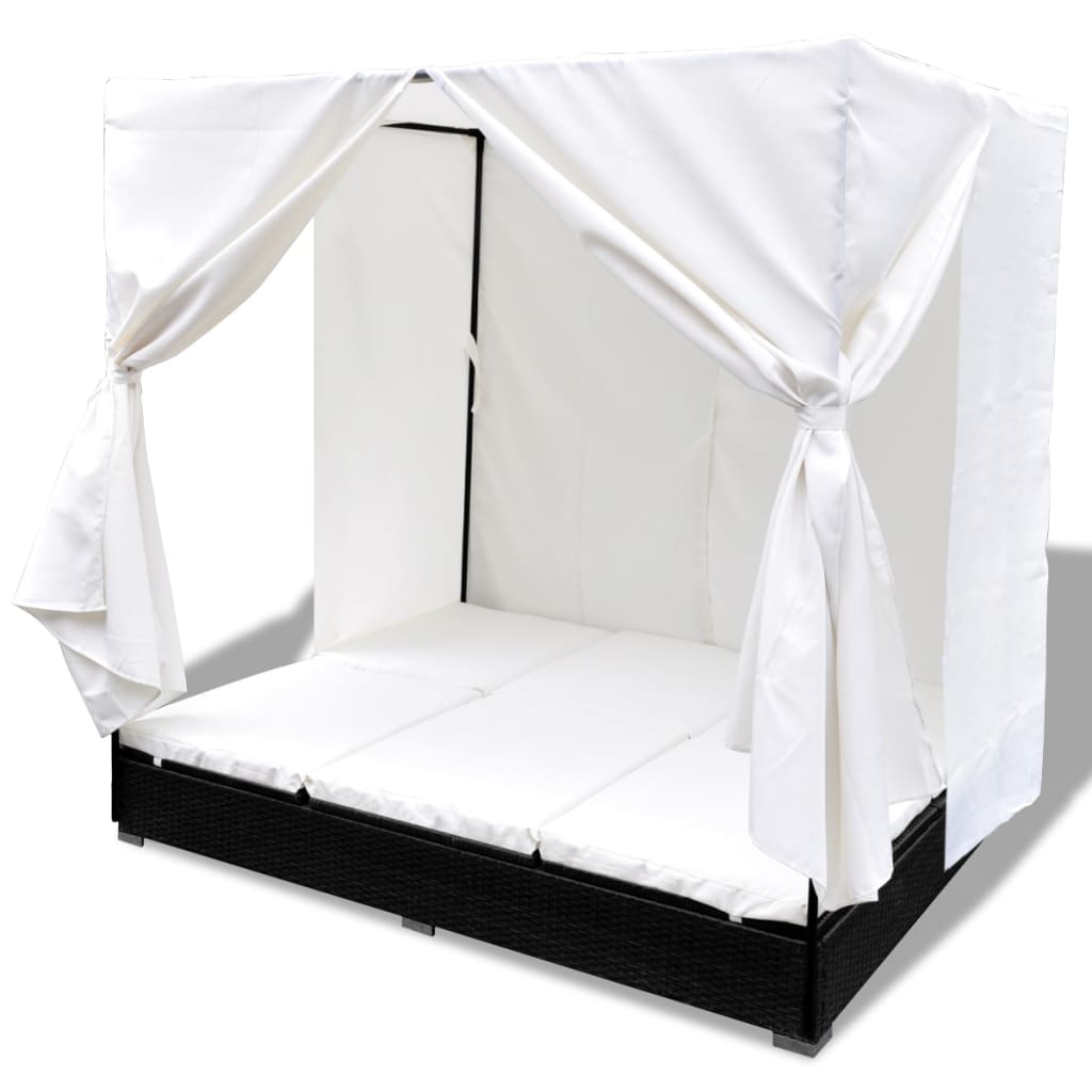 Galleria Design Outdoor Lounge Bed with Curtains Poly Rattan Black