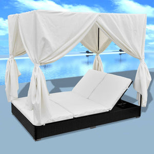 Galleria Design Outdoor Lounge Bed with Curtains Poly Rattan Black