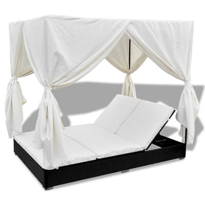 Galleria Design Outdoor Lounge Bed with Curtains Poly Rattan Black