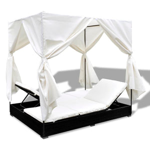 Galleria Design Outdoor Lounge Bed with Curtains Poly Rattan Black