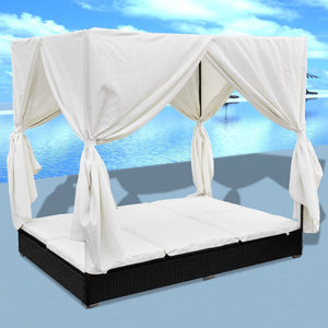 Galleria Design Outdoor Lounge Bed with Curtains Poly Rattan Black