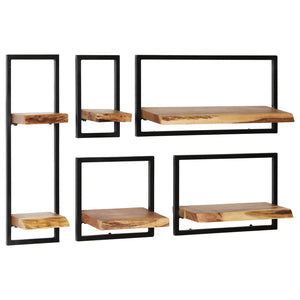 Galleria Design Wall Shelf Set 5 Pieces Solid Acacia Wood and Steel