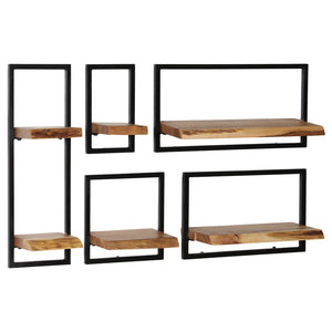 Galleria Design Wall Shelf Set 5 Pieces Solid Acacia Wood and Steel