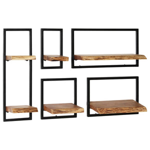 Galleria Design Wall Shelf Set 5 Pieces Solid Acacia Wood and Steel