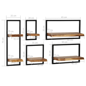 Galleria Design Wall Shelf Set 5 Pieces Solid Acacia Wood and Steel