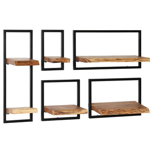 Galleria Design Wall Shelf Set 5 Pieces Solid Acacia Wood and Steel