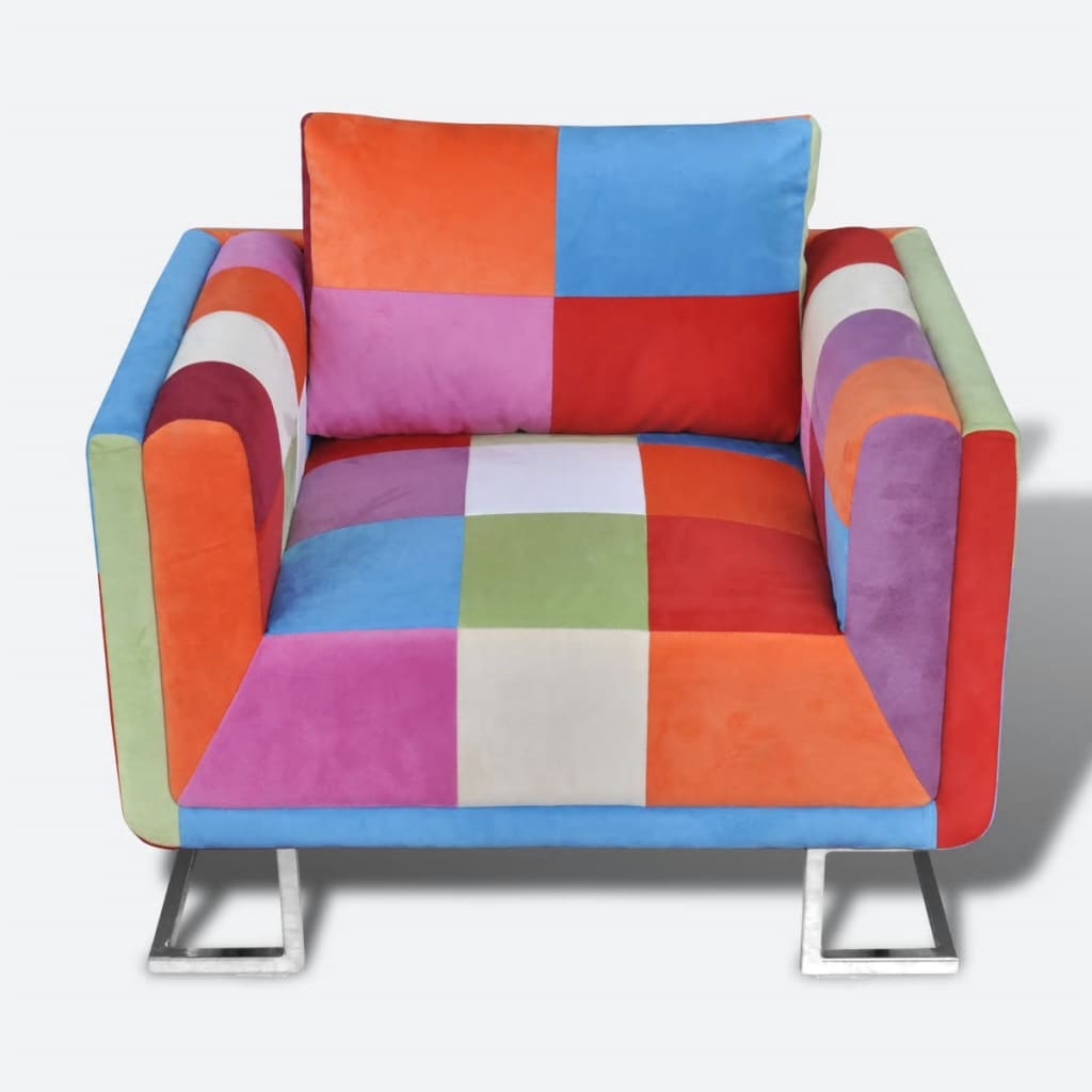 Galleria Design Cube Armchair with Chrome Feet Patchwork Design Fabric