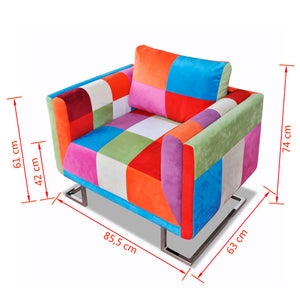 Galleria Design Cube Armchair with Chrome Feet Patchwork Design Fabric