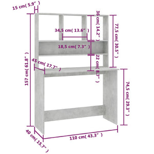 Galleria Design Desk with Shelf Concrete Grey 110x45x157 cm Engineered Wood