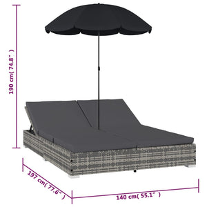 Galleria Design Outdoor Lounge Bed with Umbrella Poly Rattan Grey