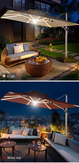 Galleria Design Deluxe Solar Powered LED Round Patio Umbrellas Aluminum Cantilever Hanging Umbrella Outdoor Parasol